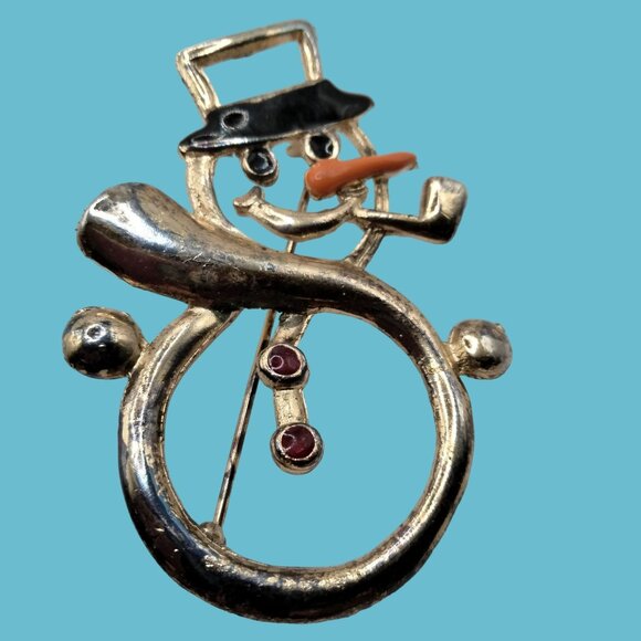 Snowman Brooch Pin Hat Pipe Openwork Vintage Shabby Patina - Picture 1 of 7